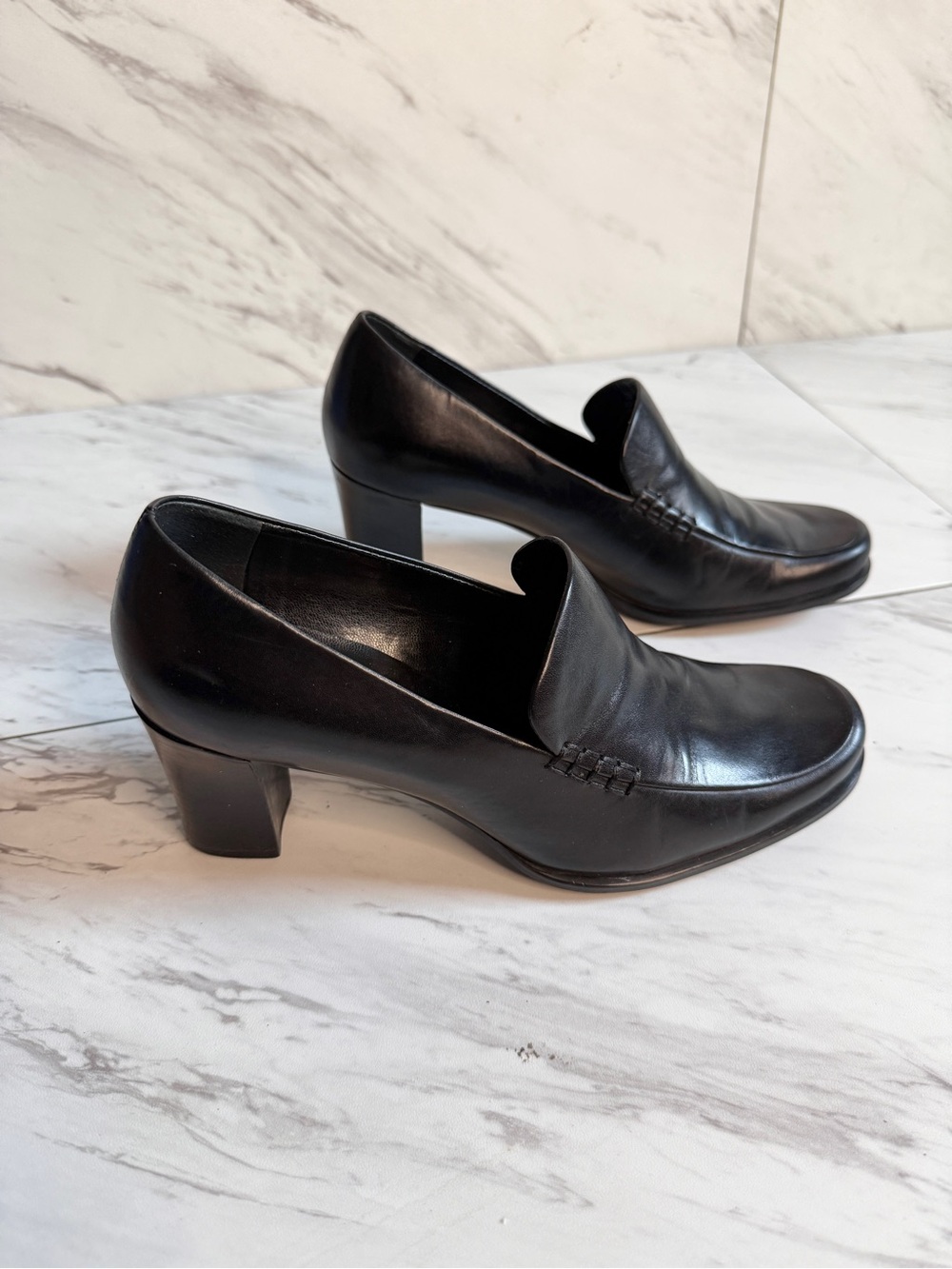 Franco Sarto Black Leather Block Heel Loafers Womens 7M Slip On Pumps - Picture 4 of 9